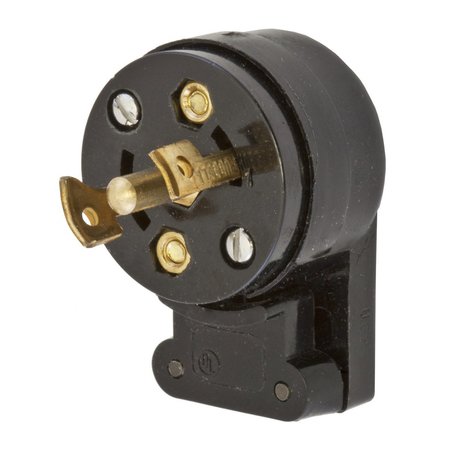 HUBBELL WIRING DEVICE-KELLEMS Locking Devices, Midget Twist-Lock®, Industrial, Male Plug, 15A 125/250V AC, 3-Pole 3-Wire Non Grounding, NEMA ML-3P, Screw Terminal, Black, Angled. HBL7432